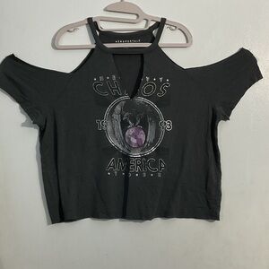 Aeropostale Black Graphic Cold Shoulder Crop Top with V- neck/ choker neckline